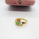 9ct Yellow Gold Heart Claddagh Ring with Emerald Paste Vintage c1980 Birmingham