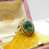 9ct Yellow Gold & Cabochon Moss Agate Signet Ring Vintage c1960 Size O UK