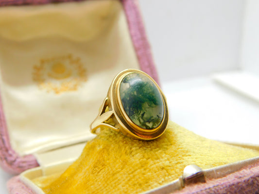 9ct Yellow Gold & Cabochon Moss Agate Signet Ring Vintage c1960 Size O UK