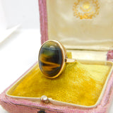 9ct Yellow Gold Cabochon Tiger's Eye Signet Ring Vintage c1950 Size M 1/2 UK