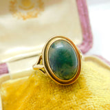 9ct Yellow Gold & Cabochon Moss Agate Signet Ring Vintage c1960 Size O UK