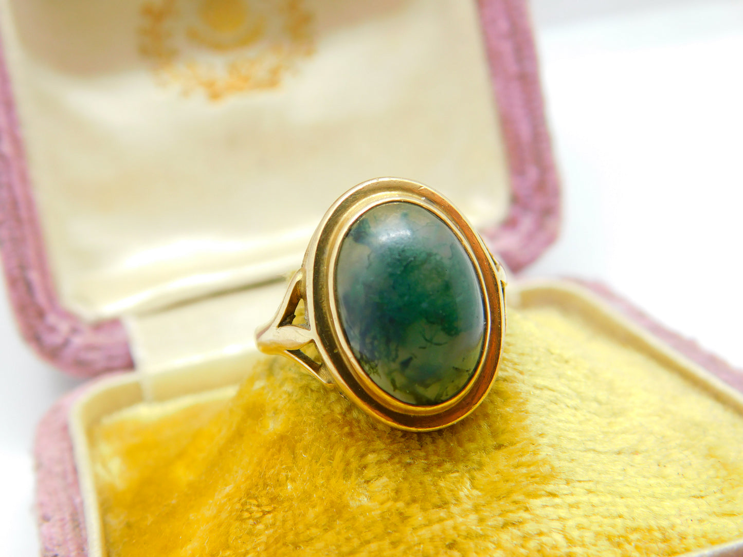 9ct Yellow Gold & Cabochon Moss Agate Signet Ring Vintage c1960 Size O UK