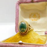 9ct Yellow Gold & Cabochon Moss Agate Signet Ring Vintage c1960 Size O UK