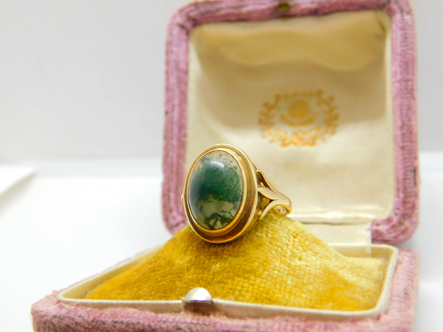 9ct Yellow Gold & Cabochon Moss Agate Signet Ring Vintage c1960 Size O UK