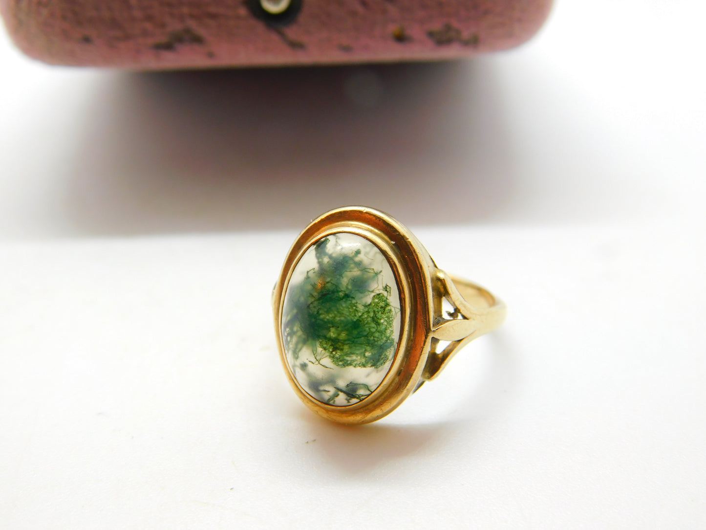 9ct Yellow Gold & Cabochon Moss Agate Signet Ring Vintage c1960 Size O UK