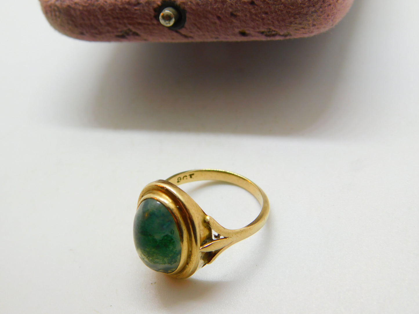 9ct Yellow Gold & Cabochon Moss Agate Signet Ring Vintage c1960 Size O UK