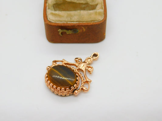 9ct Rose Gold Tiger's Eye & Onyx Spinner Fob Pendant 1989 London Vintage