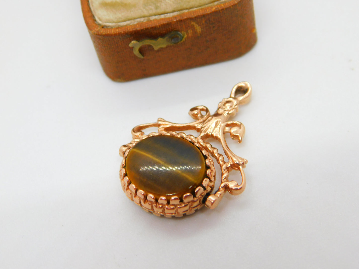 9ct Rose Gold Tiger's Eye & Onyx Spinner Fob Pendant 1989 London Vintage