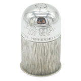 Silver pepper grinder with 'The Pepperers Guild' branding on a white background