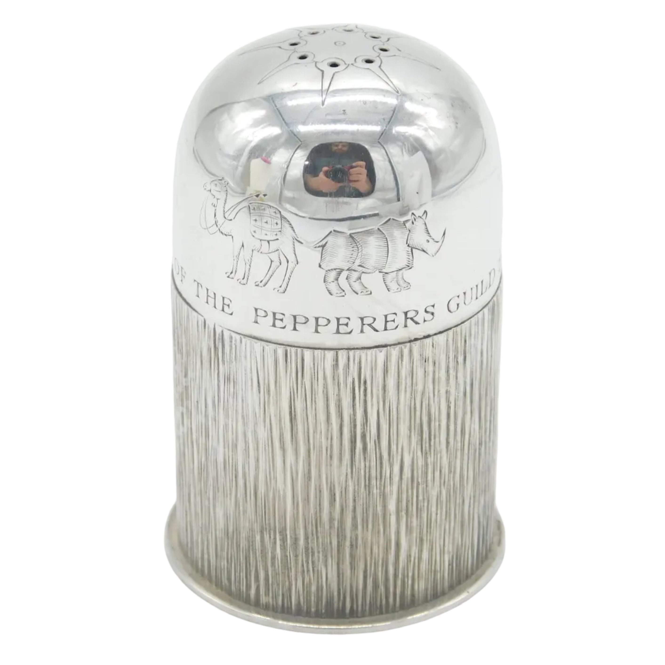 Silver pepper grinder with 'The Pepperers Guild' branding on a white background