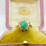 9ct Yellow Gold, Cabochon Greenstone & Diamond Paste Cluster Ring Vintage c1980
