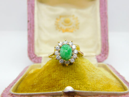 9ct Yellow Gold, Cabochon Greenstone & Diamond Paste Cluster Ring Vintage c1980