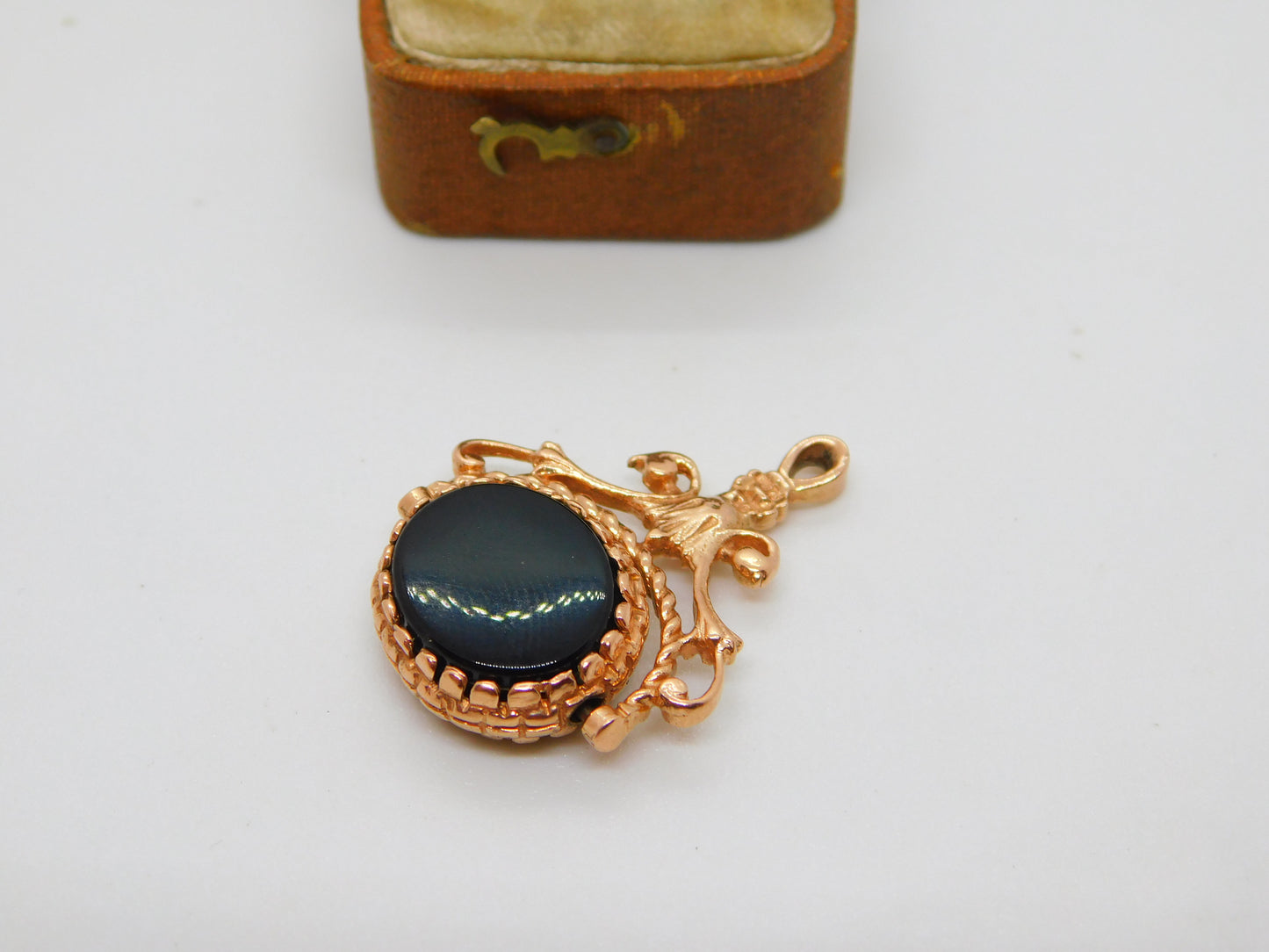 9ct Rose Gold Tiger's Eye & Onyx Spinner Fob Pendant 1989 London Vintage