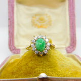 9ct Yellow Gold, Cabochon Greenstone & Diamond Paste Cluster Ring Vintage c1980