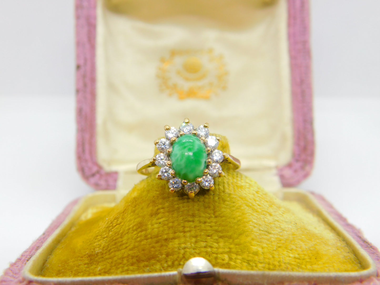 9ct Yellow Gold, Cabochon Greenstone & Diamond Paste Cluster Ring Vintage c1980