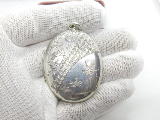 Aesthetic Movement Victorian Sterling Silver Swallow Bird Locket Antique c1880