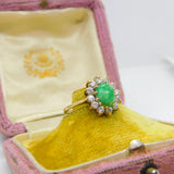 9ct Yellow Gold, Cabochon Greenstone & Diamond Paste Cluster Ring Vintage c1980