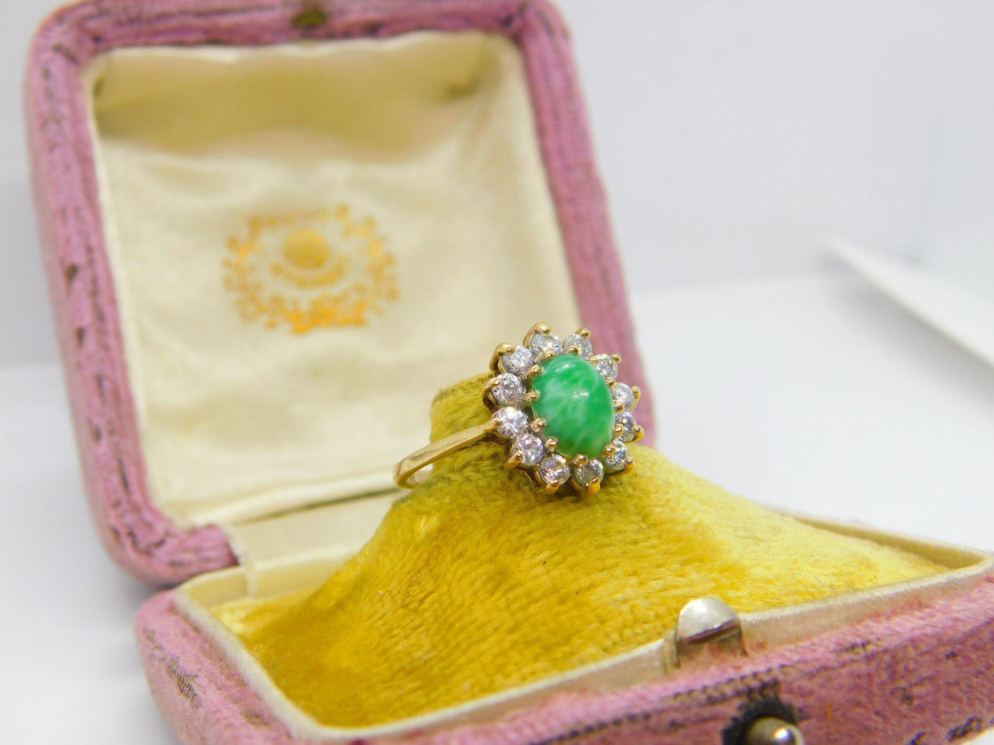 9ct Yellow Gold, Cabochon Greenstone & Diamond Paste Cluster Ring Vintage c1980