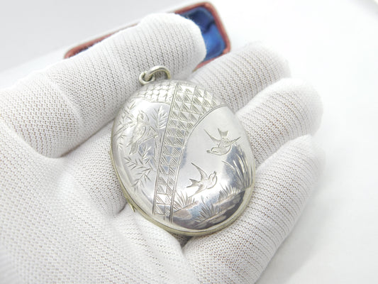 Aesthetic Movement Victorian Sterling Silver Swallow Bird Locket Antique c1880