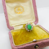 9ct Yellow Gold, Cabochon Greenstone & Diamond Paste Cluster Ring Vintage c1980