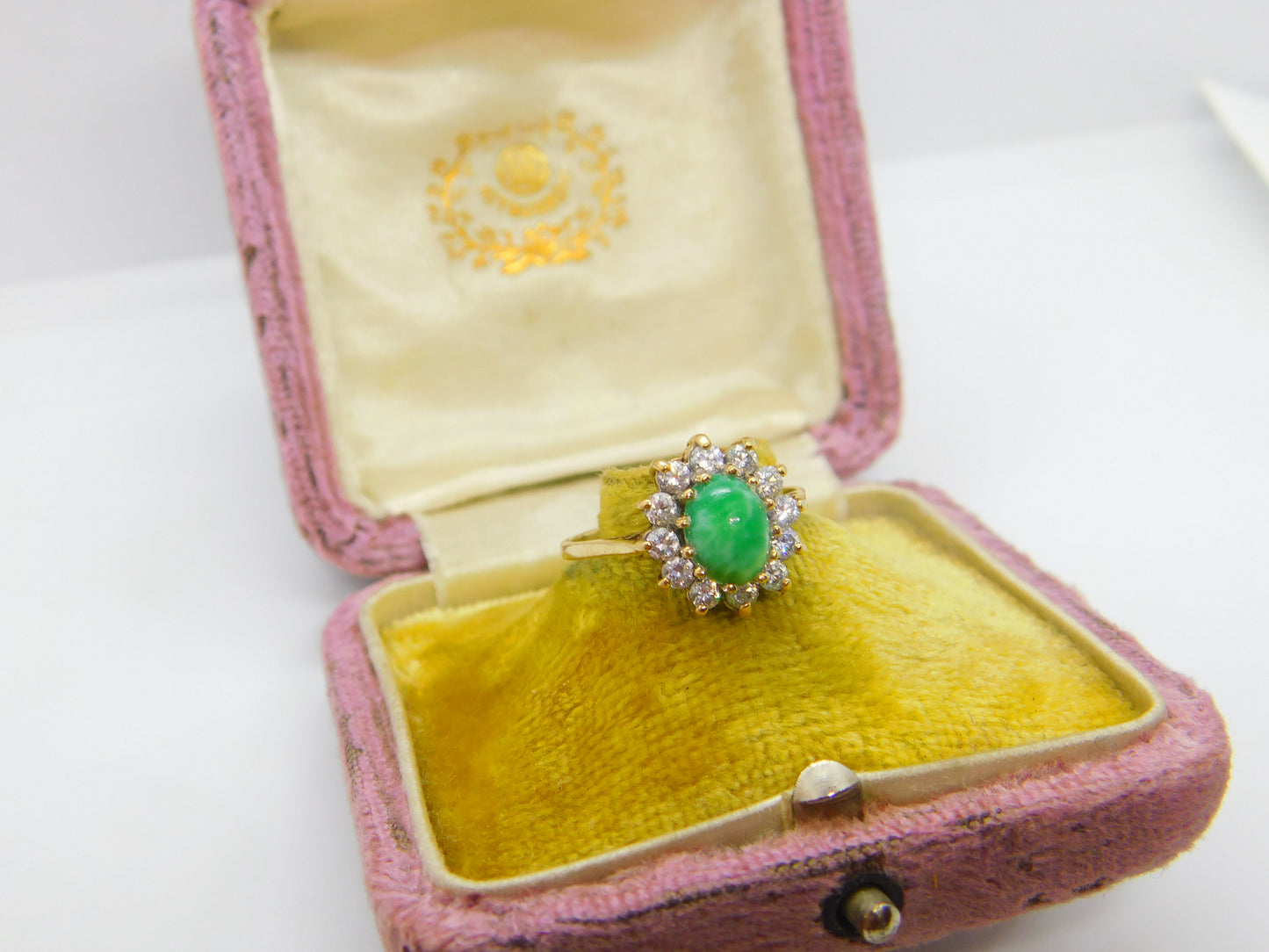 9ct Yellow Gold, Cabochon Greenstone & Diamond Paste Cluster Ring Vintage c1980