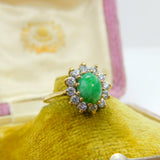 9ct Yellow Gold, Cabochon Greenstone & Diamond Paste Cluster Ring Vintage c1980