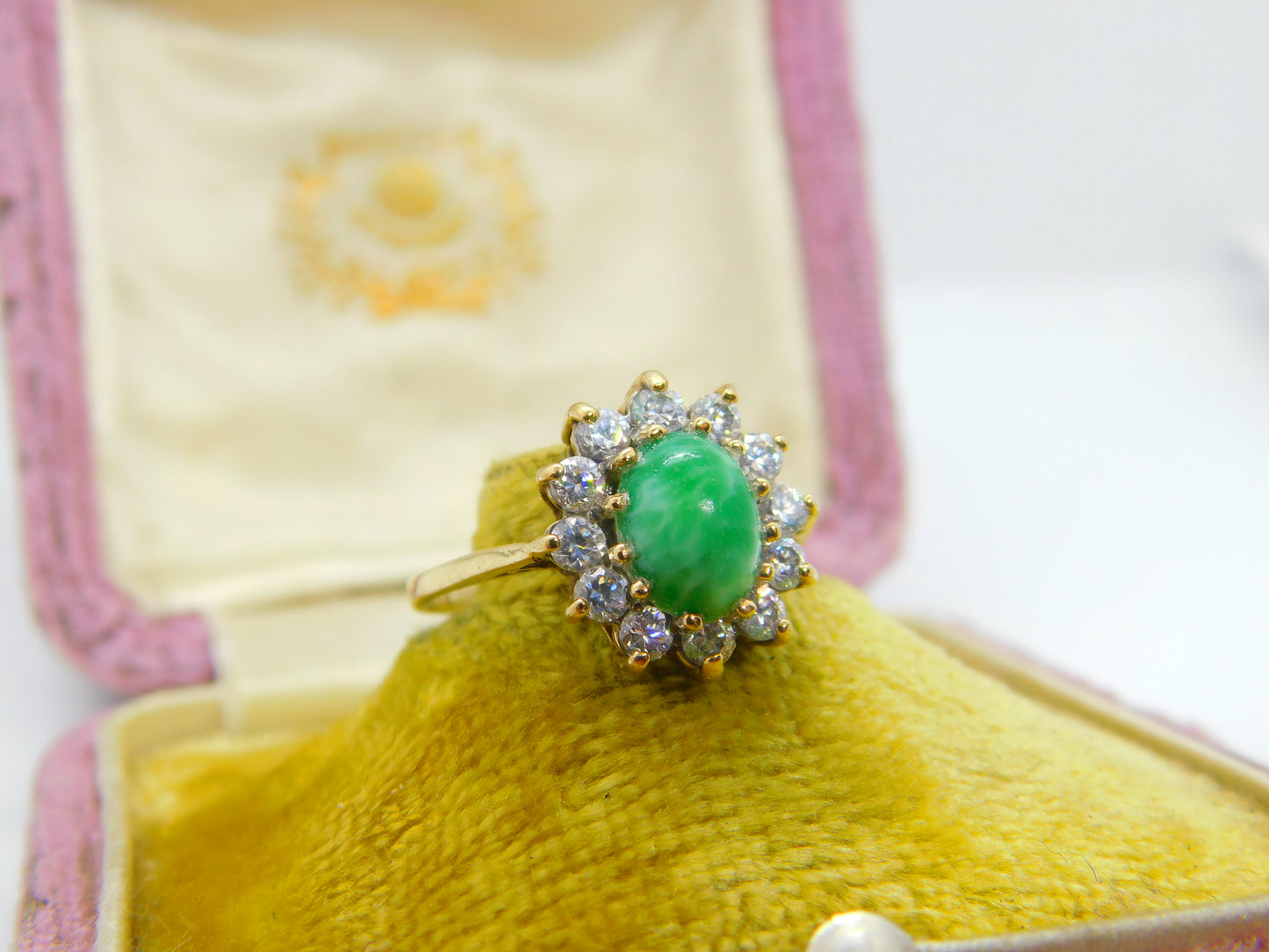 9ct Yellow Gold, Cabochon Greenstone & Diamond Paste Cluster Ring Vintage c1980