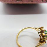 9ct Yellow Gold, Cabochon Greenstone & Diamond Paste Cluster Ring Vintage c1980