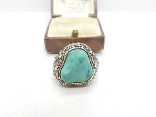 Chinese Export Sterling Silver & Turquoise Statement Ring Vintage c1960