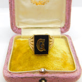 9ct Yellow Gold & Onyx 'G' Initial Signet Ring Antique c1930 Art Deco