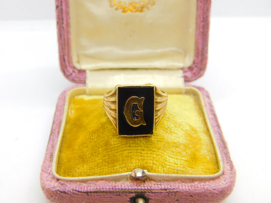 9ct Yellow Gold & Onyx 'G' Initial Signet Ring Antique c1930 Art Deco