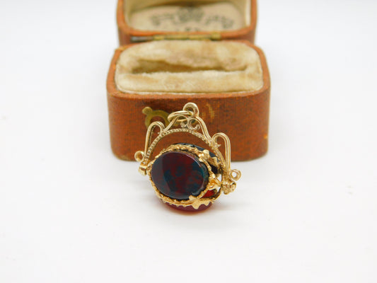 9ct Yellow Gold, Bloodstone Carnelian & Agate Spinner Fob Pendant Vintage c1990