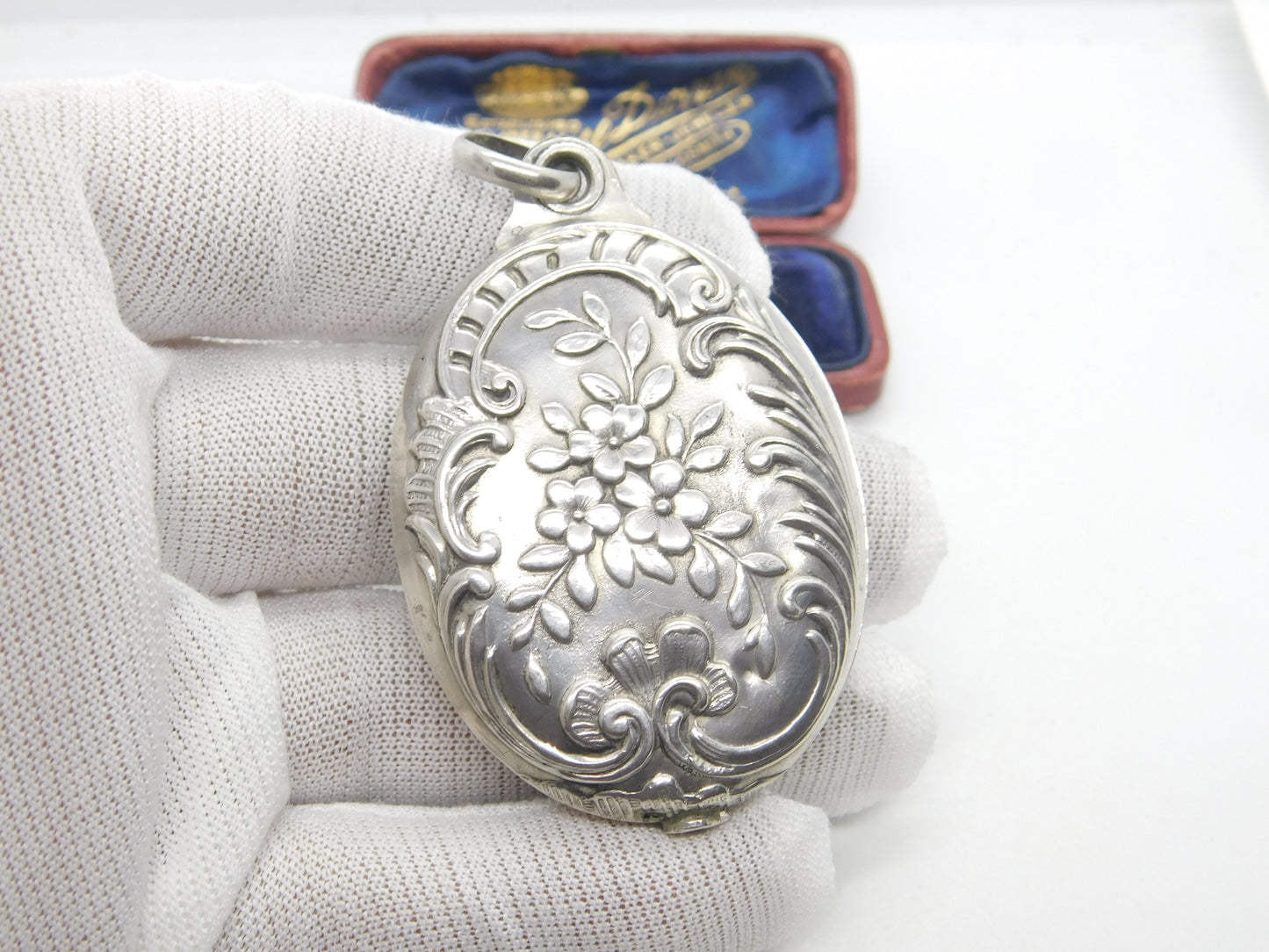 Victorian Large French Sterling Silver Sliding Floral Locket Antique c1880