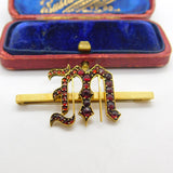 Victorian 9ct Yellow Gold Bohemian Garnet Set 'M Initial Brooch Antique c1860