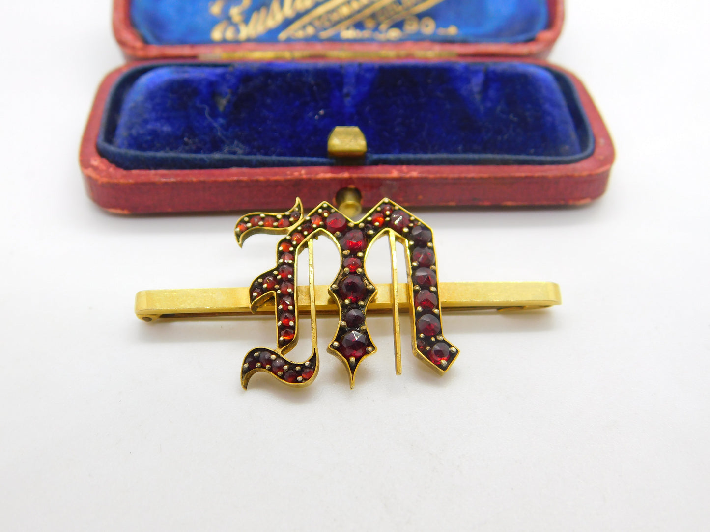 Victorian 9ct Yellow Gold Bohemian Garnet Set 'M Initial Brooch Antique c1860