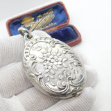 Victorian Large French Sterling Silver Sliding Floral Locket Antique c1880