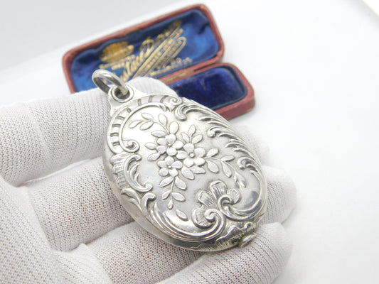 Victorian Large French Sterling Silver Sliding Floral Locket Antique c1880