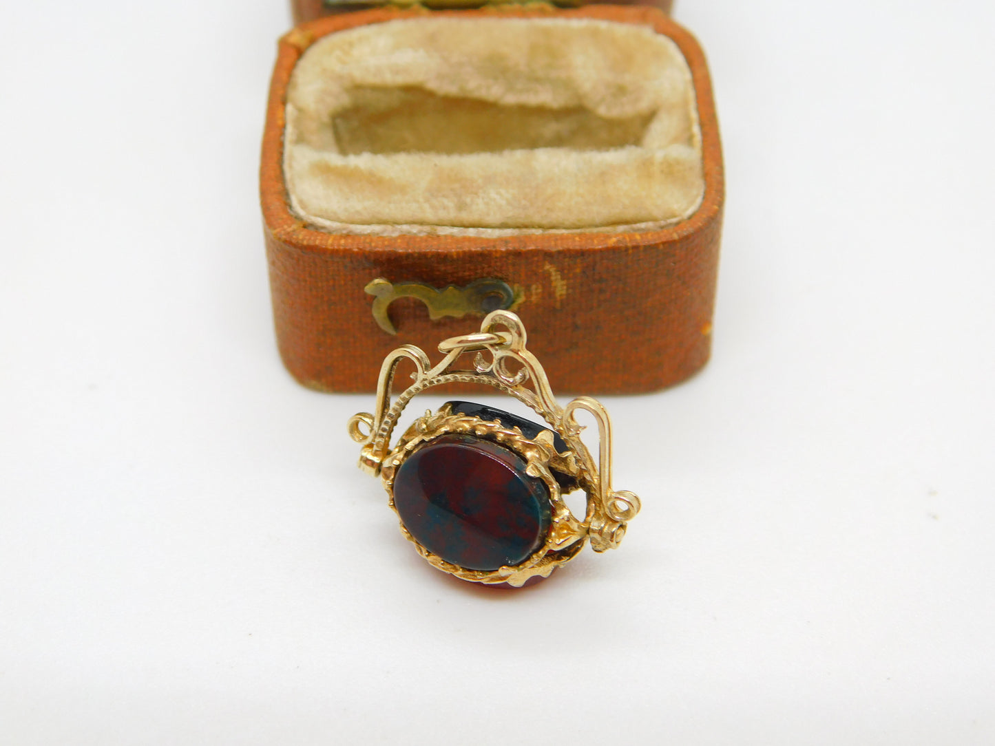 9ct Yellow Gold, Bloodstone Carnelian & Agate Spinner Fob Pendant Vintage c1990