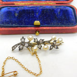 Victorian 18ct Yellow Gold, 0.5ct Diamond & Pearl Floral Brooch c1860 Antique