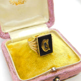 9ct Yellow Gold & Onyx 'G' Initial Signet Ring Antique c1930 Art Deco
