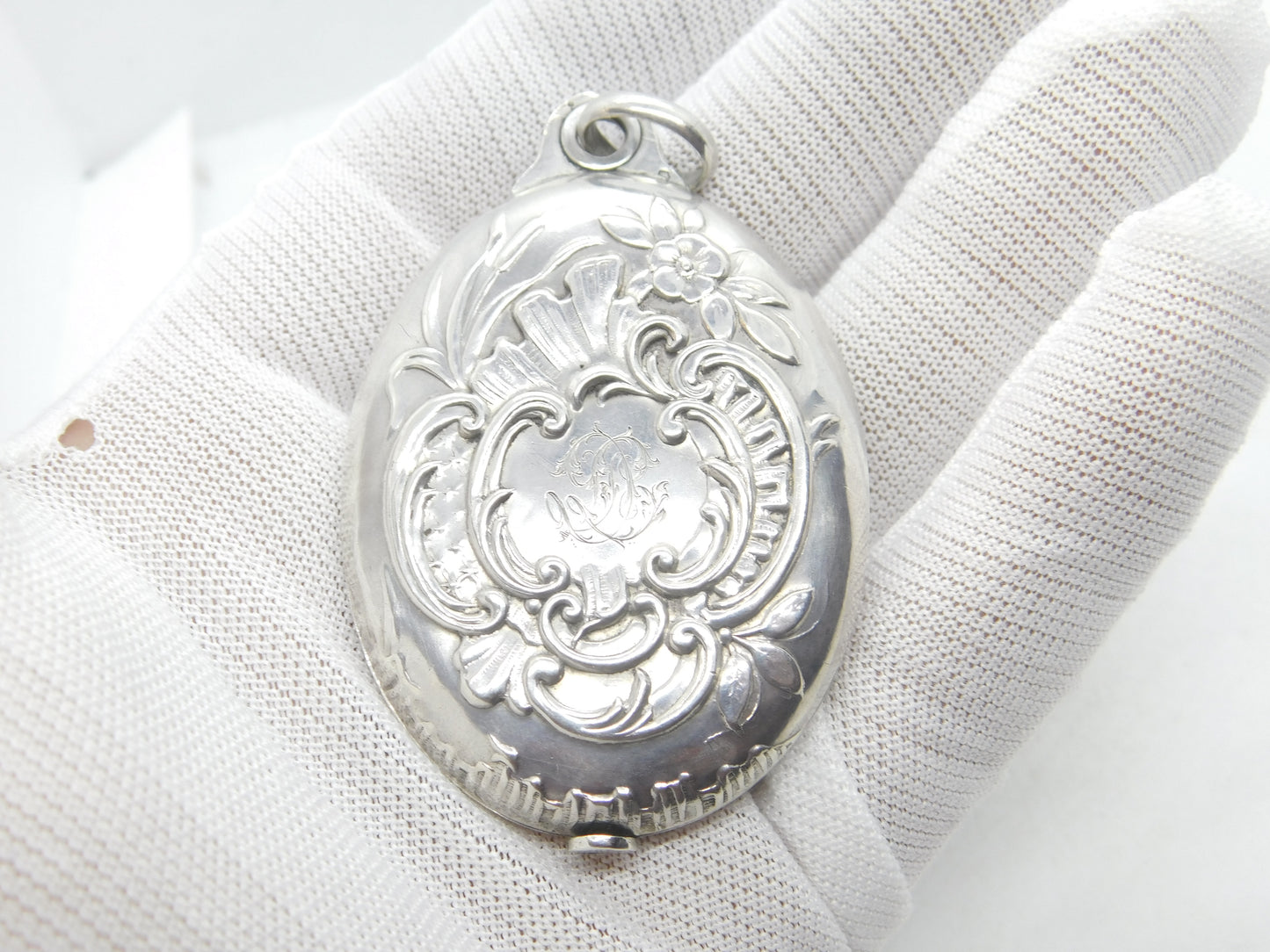 Victorian Large French Sterling Silver Sliding Floral Locket Antique c1880