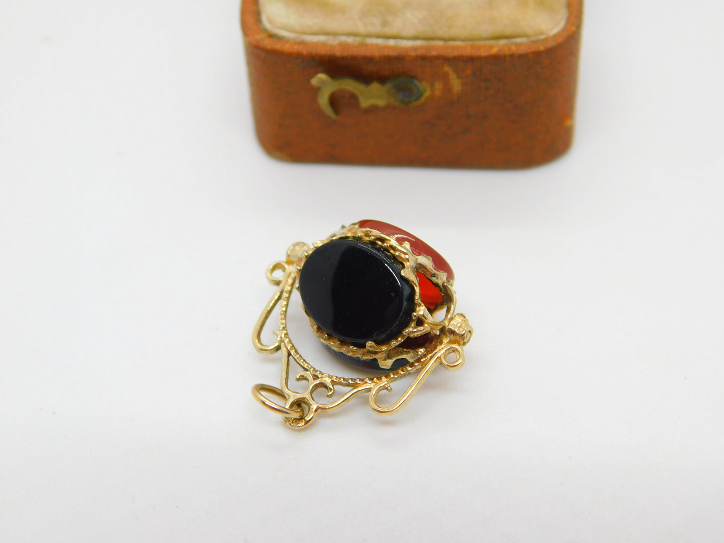 9ct Yellow Gold, Bloodstone Carnelian & Agate Spinner Fob Pendant Vintage c1990