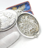 Victorian Large French Sterling Silver Sliding Floral Locket Antique c1880