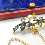 Victorian 18ct Yellow Gold, 0.5ct Diamond & Pearl Floral Brooch c1860 Antique