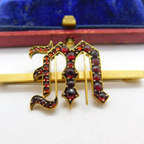 Victorian 9ct Yellow Gold Bohemian Garnet Set 'M Initial Brooch Antique c1860