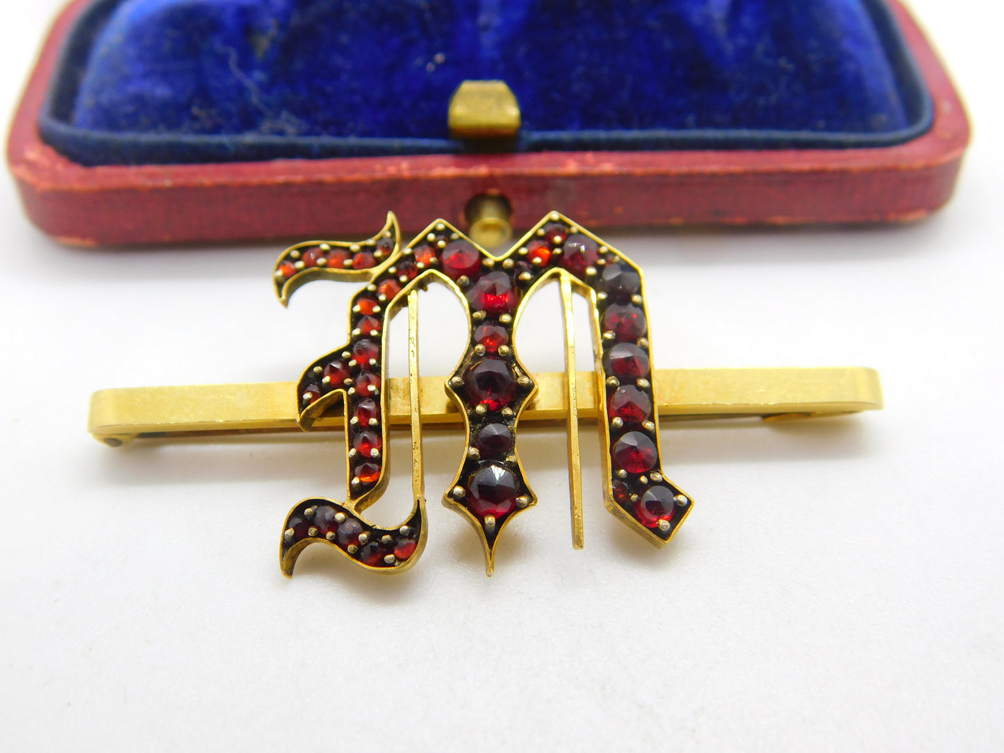 Victorian 9ct Yellow Gold Bohemian Garnet Set 'M Initial Brooch Antique c1860