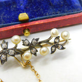Victorian 18ct Yellow Gold, 0.5ct Diamond & Pearl Floral Brooch c1860 Antique