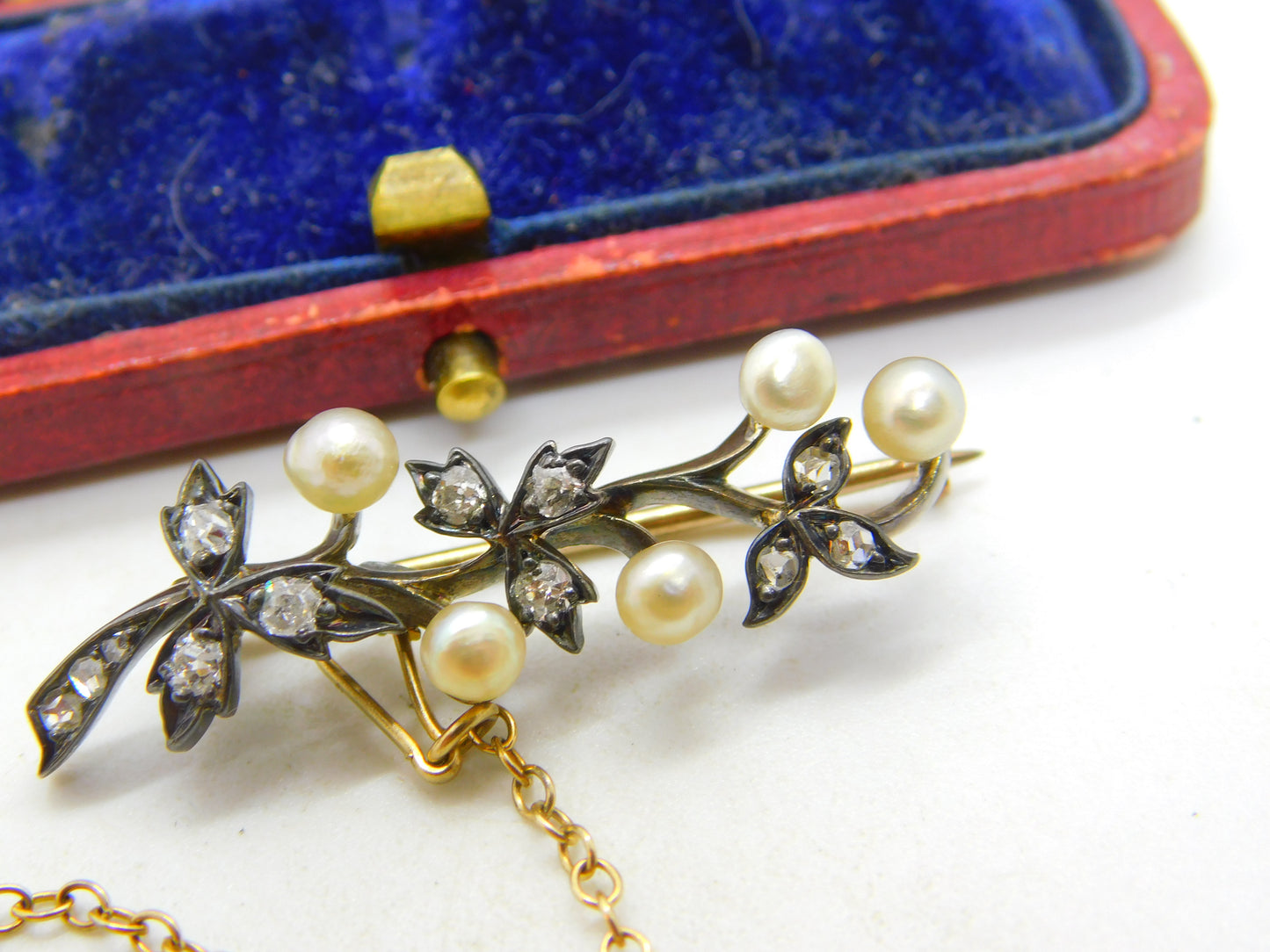 Victorian 18ct Yellow Gold, 0.5ct Diamond & Pearl Floral Brooch c1860 Antique