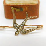 Victorian 9ct Gold Seed Pearl Set Swallow Bird Sweetheart Brooch Antique c1900