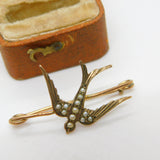 Victorian 9ct Gold Seed Pearl Set Swallow Bird Sweetheart Brooch Antique c1900